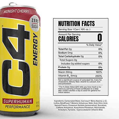 C4 Energy Carbonated Zero Sugar Energy Drink, Pre Workout Drink + Beta Alanine, Midnight Cherry, 16 Fl Oz (Pack of 24)