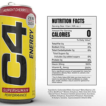 C4 Energy Carbonated Zero Sugar Energy Drink, Pre Workout Drink + Beta Alanine, Midnight Cherry, 16 Fl Oz (Pack of 24)