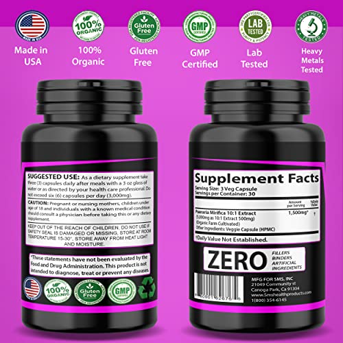 90 Caps Pueraria Mirifica 1000mg Pills - (10:1 Extract Equivalent to 10000mg) High Potency SMSHEALTHPRODUCTS.com