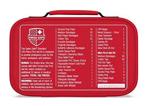 Swiss Safe 2-in-1 First Aid Kit (120 Piece) + Bonus 32-Piece Mini Kit Swiss Safe