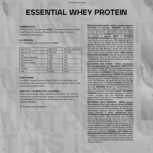 Bulk Essential Whey Protein Powder Shake, Vanilla, 1kg Bulk