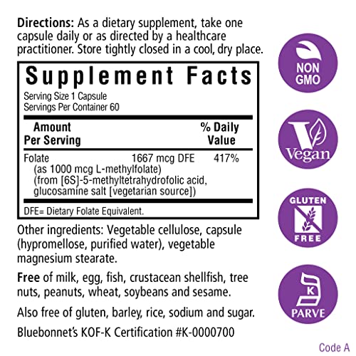 Bluebonnet Nutrition CellularActive Methylfolate 1000 mcg – Formulated with Quatrefolic - for Energy Bluebonnet