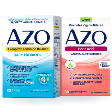 AZO Boric Acid Vaginal Suppositories (30 Count) + Complete Feminine Balance Daily Probiotics for Women AZO