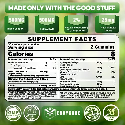 Sugar Free Black Seed Oil Filled Gummies & Chlorophyll, with Hydrolyzed Collagen EnvyCure