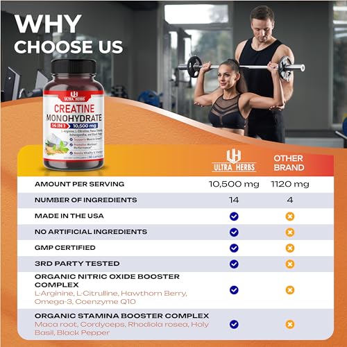 Ultra Creatine Pills Muscle Growth 9800mg Creatine Monohydrate Capsules w Ginseng ULTRA HERBS