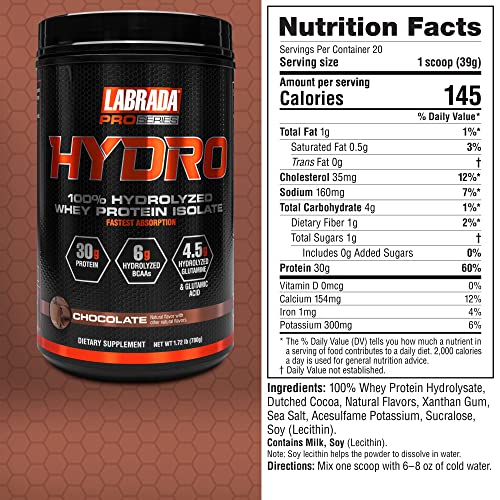 Labrada Hydro 100% Pure Hydrolyzed Whey Protein Isolate Powder, Lactose Free