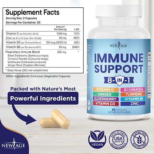NEW AGE 8 in 1 Immune Support Booster Supplement with Echinacea, Vitamin C and Zinc NEW AGE