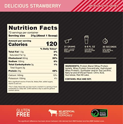 Optimum Nutrition Gold Standard 100% Whey Protein Powder, Delicious Strawberry Optimum Nutrition