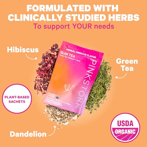 Pink Stork Slim Tea with Organic Dandelion Root, Green Tea, Ginger and Hibiscus for Detox Pink Stork