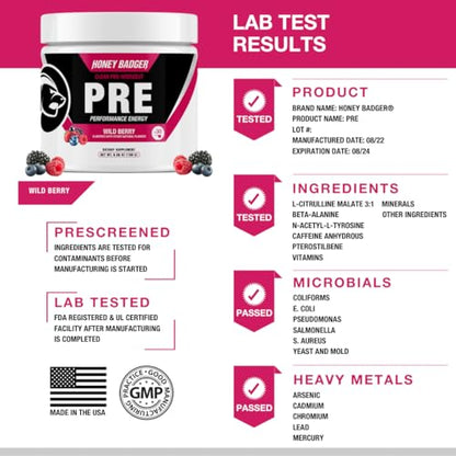Honey Badger Pre Workout Powder, Keto Vegan Preworkout for Men & Women with Vitamin C