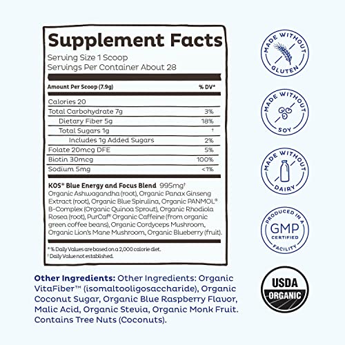 KOS USDA Organic Energizing Blue Spirulina Blend - 70 mg Organic Caffeine, B-Complex