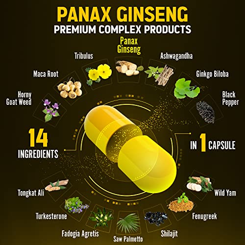 Premium Panax Ginseng 14 in 1, 13X Potency, High Strength Capsules with Horny Goat Weed Zolotus