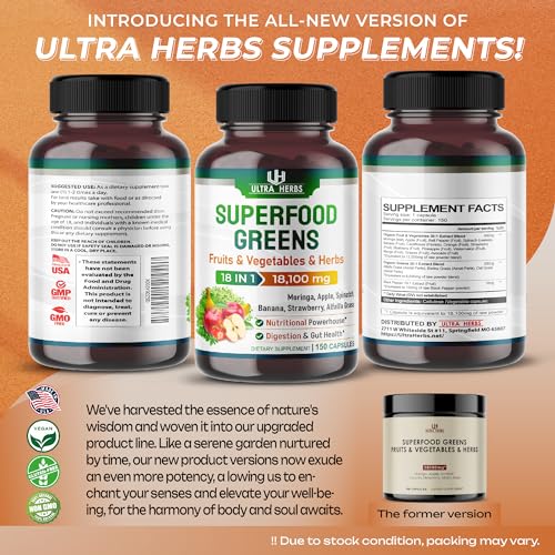 Superfood Greens 18 IN 1 - 18,100mg with Fruits & Vegetables & Herbs -Moringa, Alfalfa ULTRA HERBS