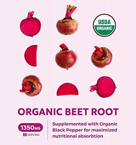 USDA Organic Beet Root Powder (120 Tablets) 1350mg Beets Per Serving with Black Pepper