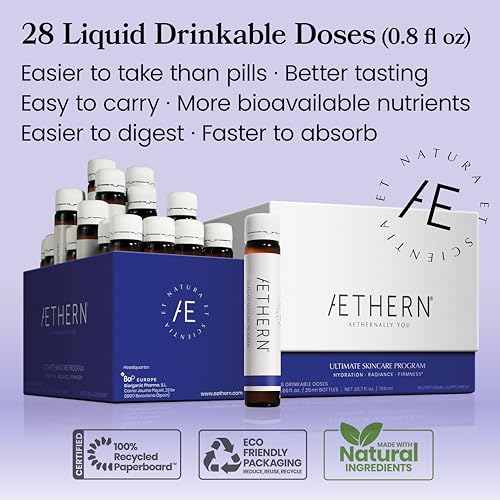 Collagen Drink + Hyaluronic Acid. Liquid Skincare Supplement. 12 High-Grade Natural Ingredients AETHERN