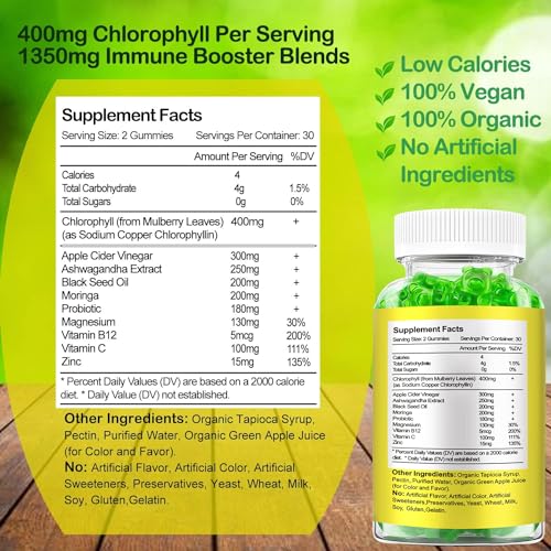 Organic Chlorophyll Gummies with Ashwagandha, Black Seed Oil, Apple Cider Vinegar Sijigood
