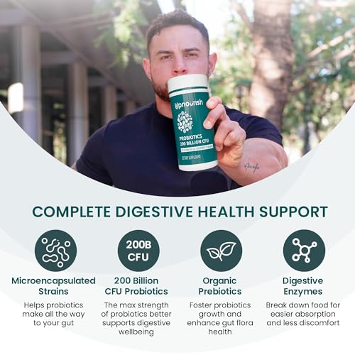 UpNourish Probiotics - 200 Billion CFUs, 15 Strains, Prebiotics & Enzymes - 60 Vegan Cap UpNourish