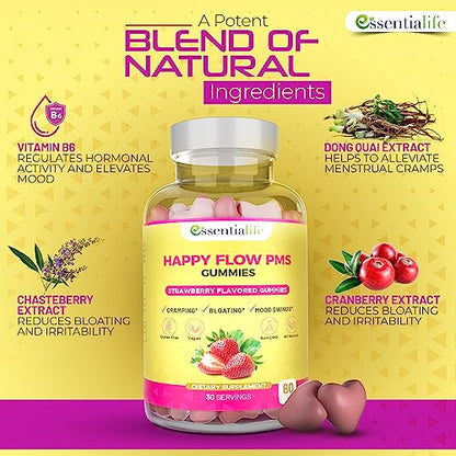 Happy Flow Strawberry-Flavor Chewable PMS Gummies | Hormone Balance Chasteberry
