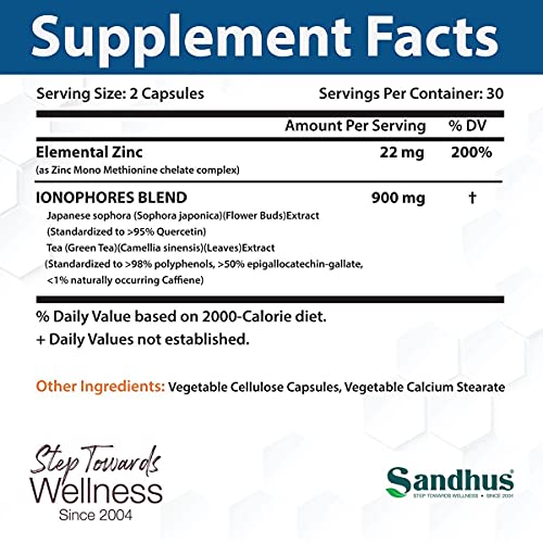 Sandhu's BioZnq 900mg Vegetarian Capsules Zinc Supplement with Quercetin Sandhu's