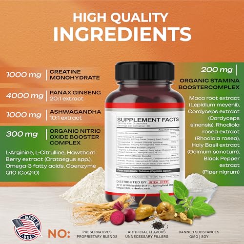 Ultra Creatine Pills Muscle Growth 9800mg Creatine Monohydrate Capsules w Ginseng ULTRA HERBS