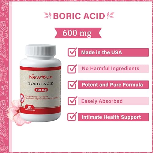 NewVue Boric Acid Vaginal Suppositories (600mg, 60 Count) Supports Vaginal pH Balance, Odor Control (USP Medical Grade Fine Powder, Easy Dissolve, Third Party Tested, Made in USA) NewVue