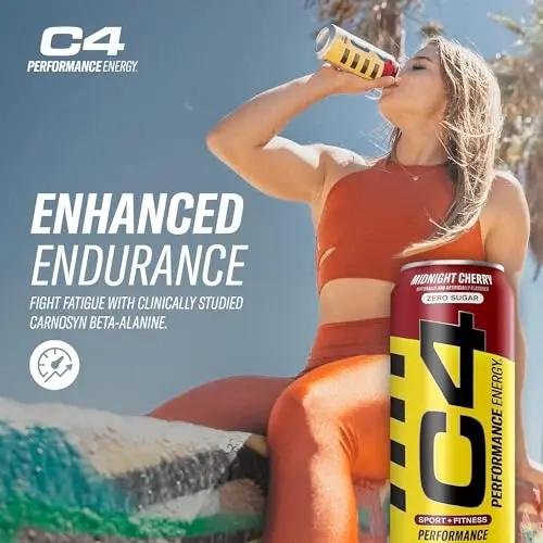 C4 Energy Carbonated Zero Sugar Energy Drink, Pre Workout Drink + Beta Alanine, Midnight Cherry, 16 Fl Oz (Pack of 24)