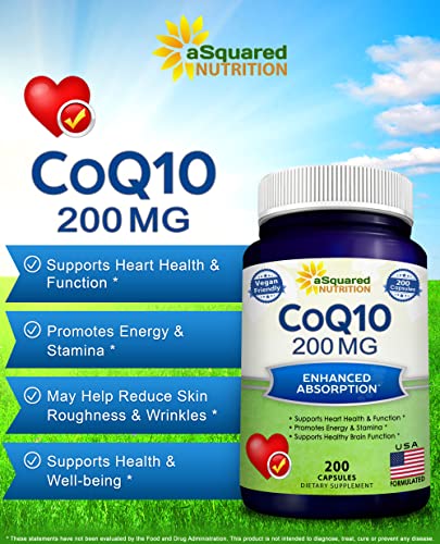 aSquared Nutrition CoQ10 (200 Capsules and 200mg) - High Absorption Vegan CO Q-10 aSquared Nutrition