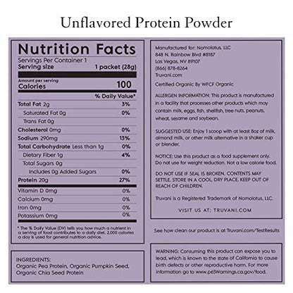Truvani Organic Vegan Protein Powder Unflavored - 20g of Plant Based Protein, Organic