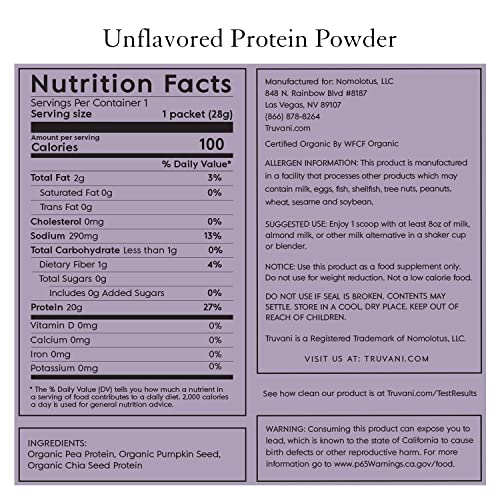 Truvani Organic Vegan Protein Powder Unflavored - 20g of Plant Based Protein, Organic