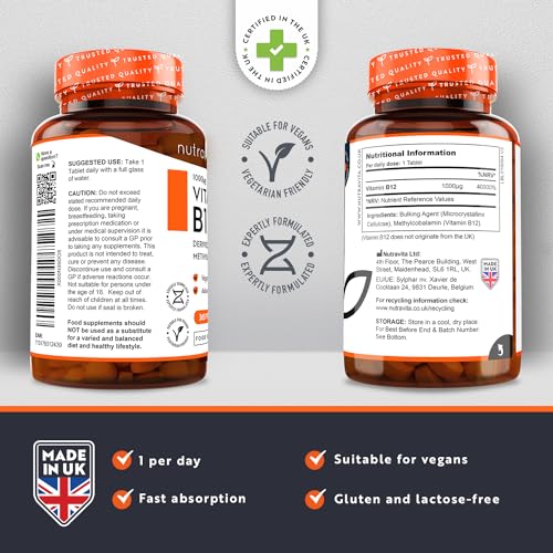 Vitamin B12 1000mcg - 365 High Strength Vegan Tablets (1 Year Supply) - Max Strength