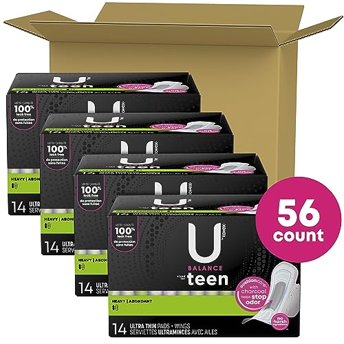 U by Kotex Balance Sized for Teens Ultra Thin Pads with Wings, Heavy Absorbency, 56 Count U by Kotex