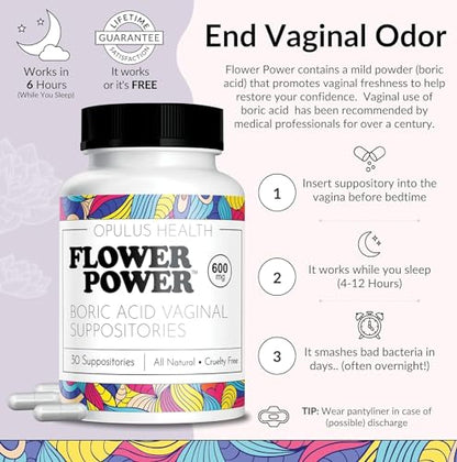 Flower Power Vegan Boric Acid Suppositories - 30 Capsules - 600mg for Vaginal Odor and pH Balance