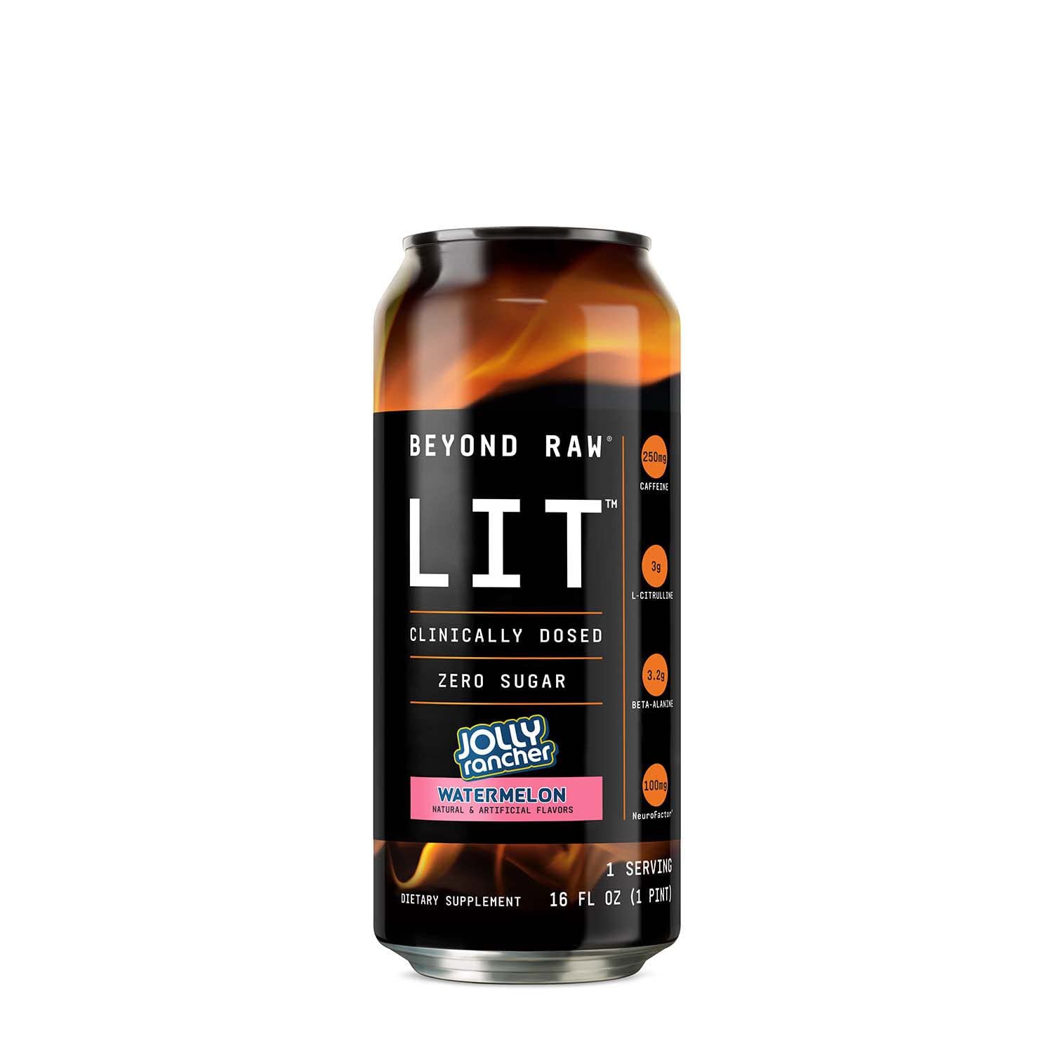 BEYOND RAW LIT On The Go | Ready to Drink Cans | Contains Caffeine, L-Citrulline, Beta-Alanine, and Nitric Oxide | Jolly Rancher Watermelon | 12 Count BEYOND RAW