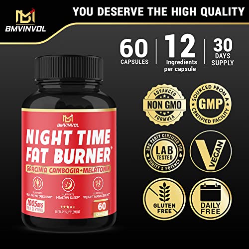 BMVINVOL Night Time Fat Burner, 12-in-1 Powerful Blend of Green Tea, Ceylon Cinnamon BMVINVOL