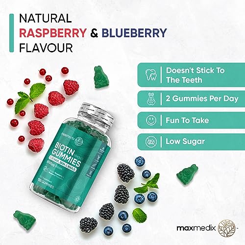Biotin Gummies 5000mcg - with Vitamin A, B, C, D, E & Selenium – 120 Hair Nails and Skin maxmedix