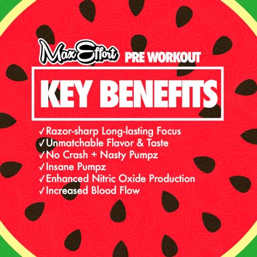 MAX EFFORT Muscle - Pre Workout Supplement, Energy and Focus, Insane Muscle Pump, Clinically Tested Ingredients (Sour Watermelon)