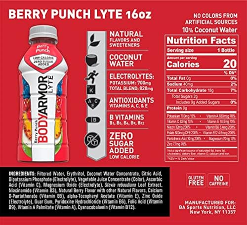 BODYARMOR LYTE Sports Drink Low-Calorie Sports Beverage, Berry Punch, Coconut BODYARMOR