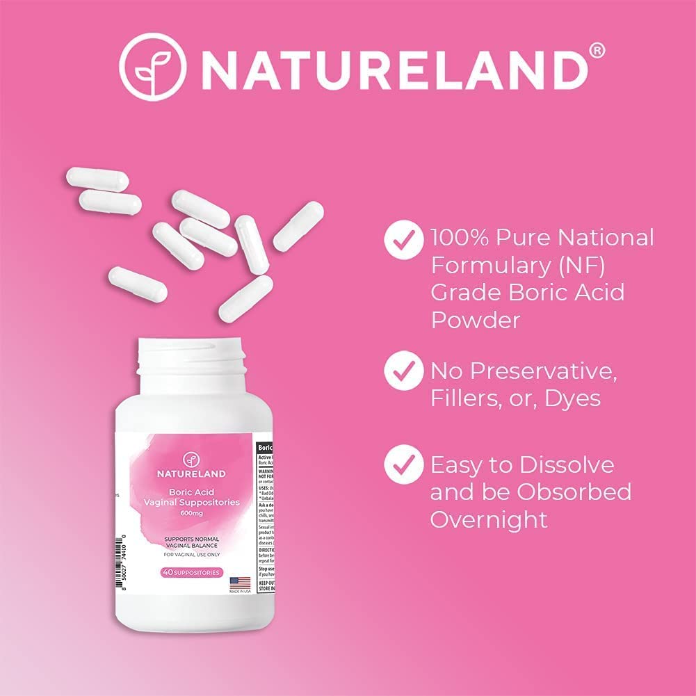 Natureland [40 Count Boric Acid Suppositories 600mg w/ [10 Pack] Vaginal Applicator - Feminine Care Natureland