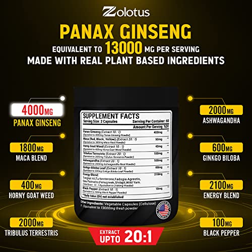 Premium Panax Ginseng 14 in 1, 13X Potency, High Strength Capsules with Horny Goat Weed Zolotus