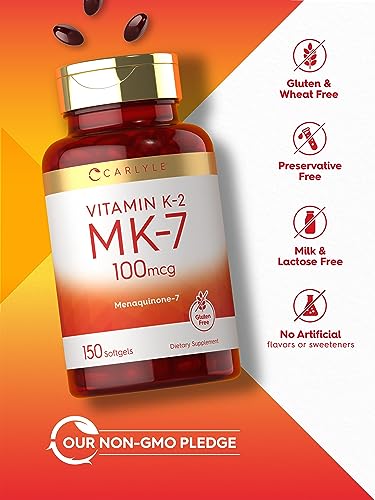 Carlyle Vitamin K2 Supplement 100mcg | K2 MK7 | 150 Softgels | Non-GMO