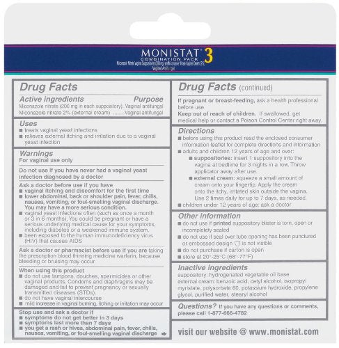 Monistat 3 Vaginal Antifungal Combination Pack, 3 Suppositories with Disposable Applicators Monistat