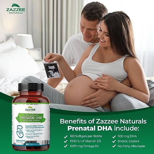 Zazzee Extra Strength Prenatal DHA 500 mg, 180 Enteric Coated Softgels, 1000 mg Omega 3’s Zazzee