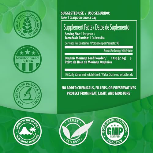 PURA VIDA MORINGA Moringa Powder Organic Single Origin - Premium 100% Leaf Powder