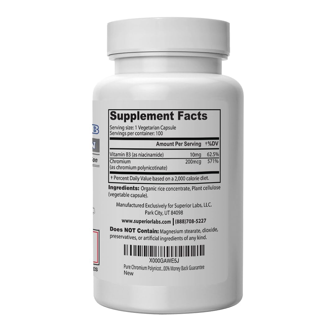 Pure Chromium Polynicotinate Supplement - Made in USA - 200mcg + Vitamin B3 for Optimal Superior Labs
