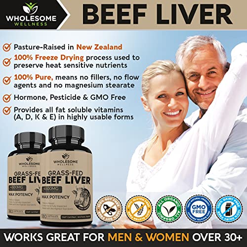Grass Fed Desiccated Beef Liver Capsules (180 Pills, 750mg Each) - Natural Iron, Vitamin A Wholesome Wellness