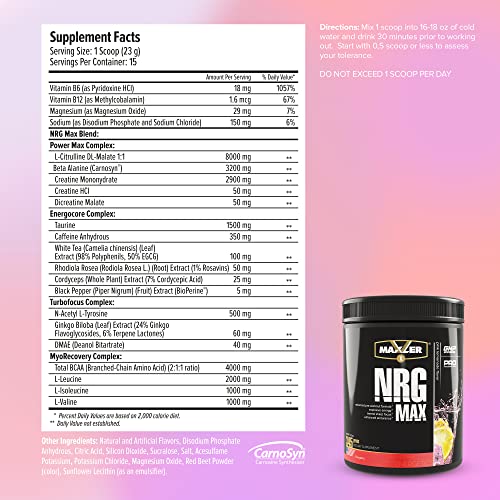 Maxler NRG MAX Pre Workout Powder with Taurine, L Citrulline Malate, Beta Alanine Creatine - Explosive Energy, Enhanced Endurance, Improved Concentration & Accelerated Recovery - Pink Lemonade 12.2 Oz