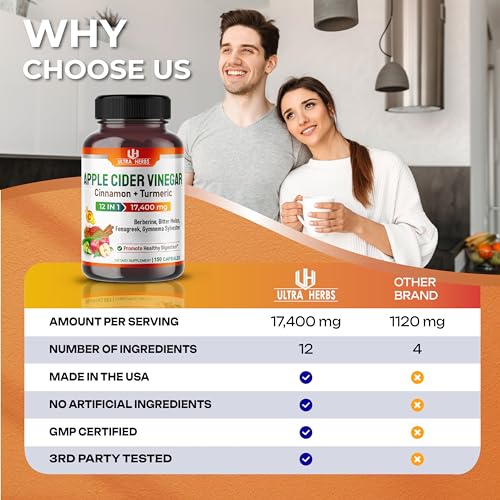 Organic Apple Cider Vinegar Capsules 17,400mg with Cinnamon, Turmeric - Best Supple ULTRA HERBS