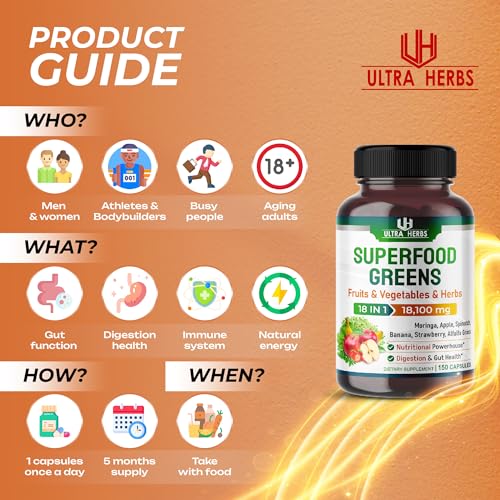 Superfood Greens 18 IN 1 - 18,100mg with Fruits & Vegetables & Herbs -Moringa, Alfalfa ULTRA HERBS