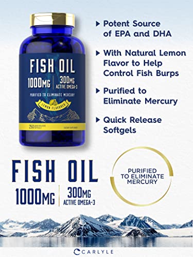 Fish Oil 1000mg | 300mg Omega 3 | 250 Count | Non-GMO and Gluten Free Supplement