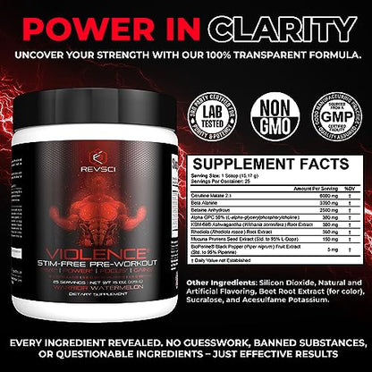 VIOLENCE Stim Free Pre Workout Powder by REVSCI, Precision Dosed Non Stim Preworkout